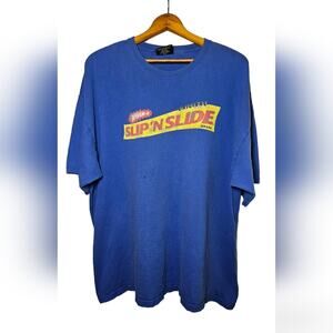 Vintage Wham-O Slip 'N Slide XXL men's short sleeved t-shirt, blue in color